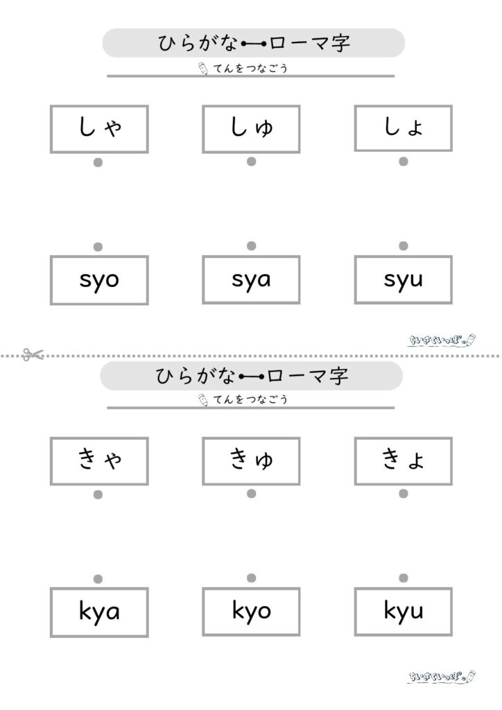 拗音のひらがなとローマ字（小文字）をマッチングさせるための学習プリントです。