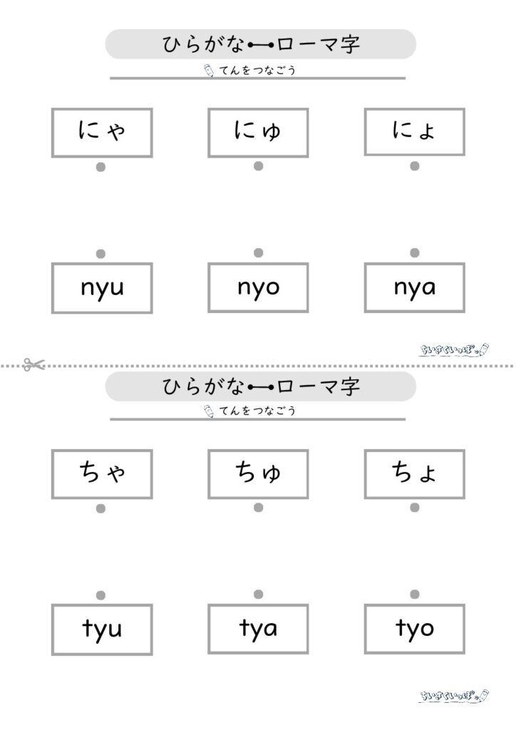 拗音のひらがなとローマ字（小文字）をマッチングさせるための学習プリントです。