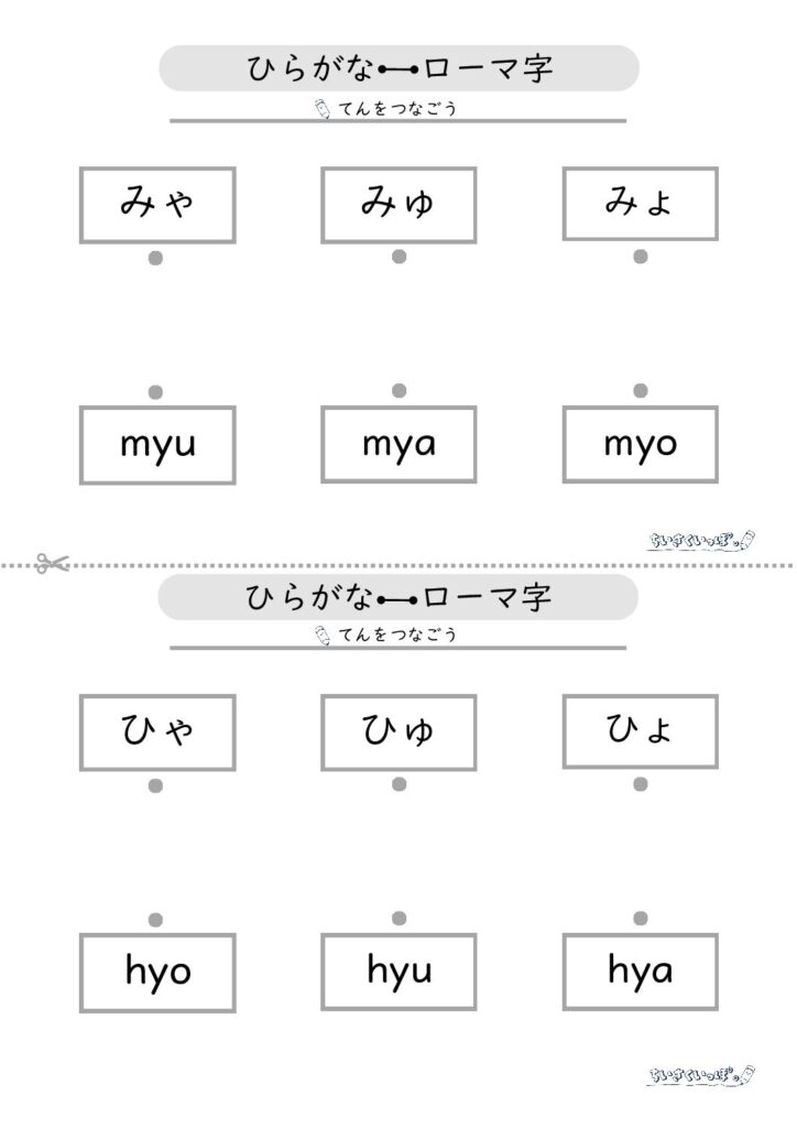 拗音のひらがなとローマ字（小文字）をマッチングさせるための学習プリントです。